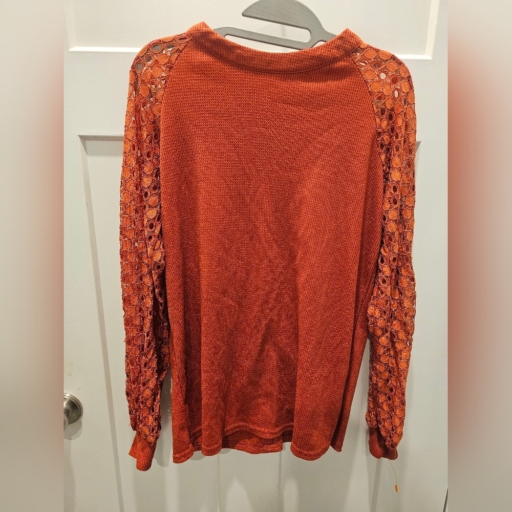Miholl Rust Orange Waffle Knit Lace Sleeve Top Size M Boho Casual